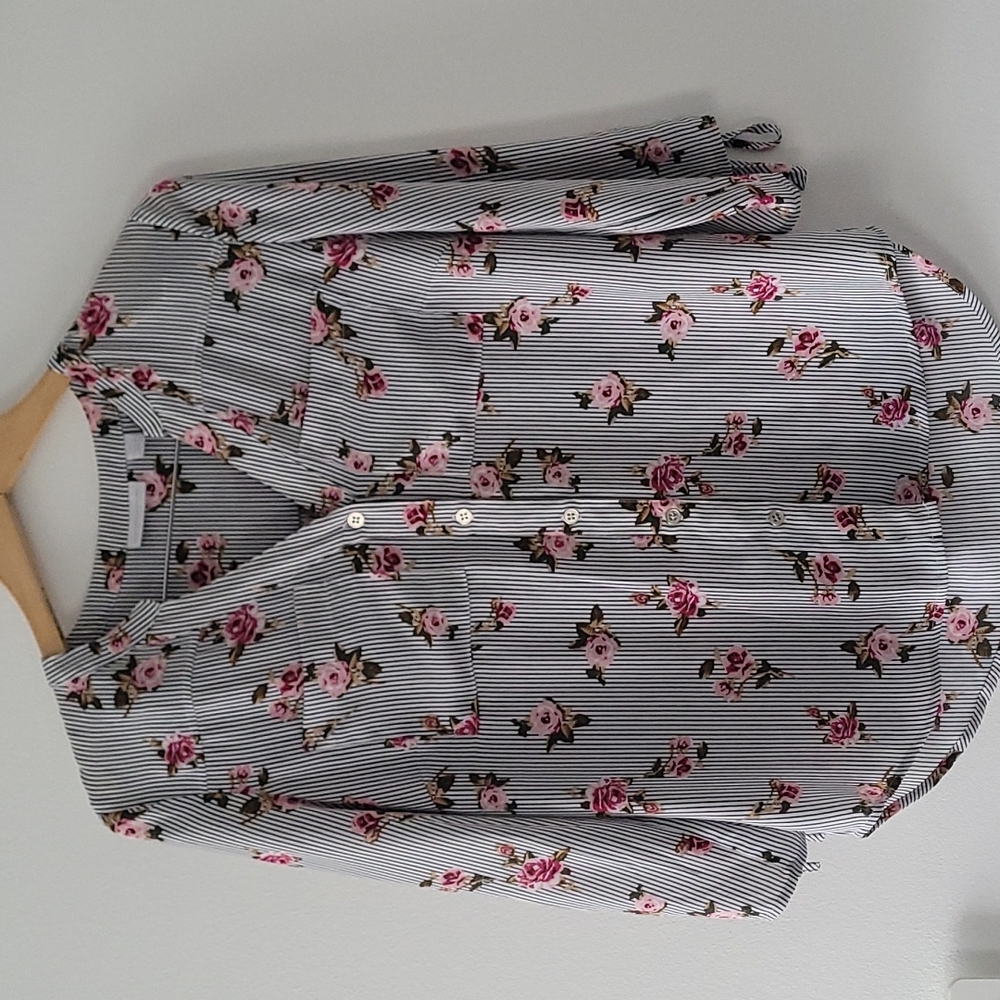 New York & Company Button Down Split Neck Blouse with Tie Sleeves